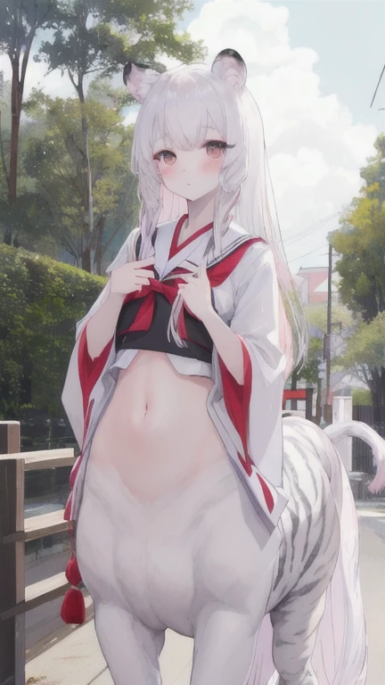 (best quality, masterpiece), 1 girl, centaur, I beg, White skin, Japanese schoolgirl,black pink, exposing the abdomen, beautiful girl perfect, White tiger photo, 완벽한 White tiger photo