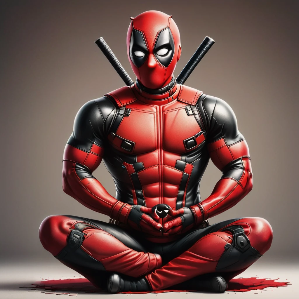 comic book art style,deadpool,t - shirt,designer,    ryan reynolds, maravilha comic book characters, , 3307x4252, Hero,wonderful portrait photo, 90s comic book character design,(white background).(sitting in a yoga pose).