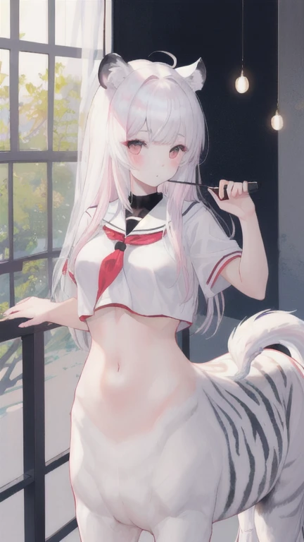 (best quality, masterpiece), 1 girl, centaur, I beg, White skin, Korean schoolgirl,black pink, exposing the abdomen, beautiful girl perfect, White tiger photo, 완벽한 White tiger photo
