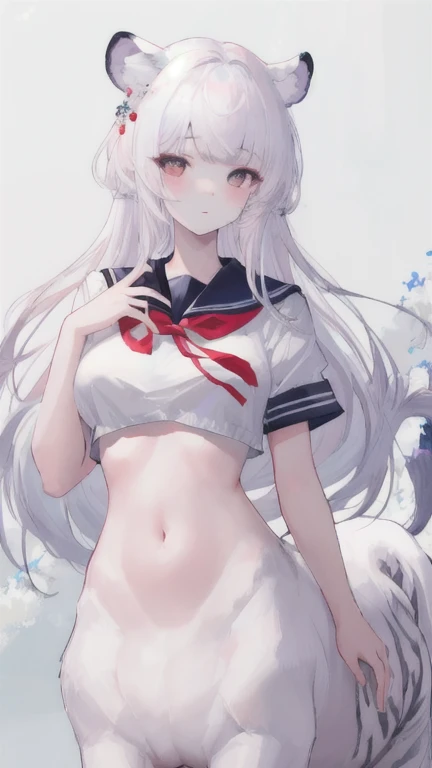 (best quality, masterpiece), 1 girl, centaur, I beg, White skin, Korean schoolgirl,black pink, exposing the abdomen, beautiful girl perfect, White tiger photo, 완벽한 White tiger photo