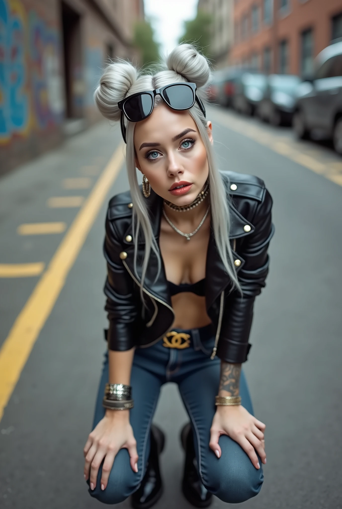 russian milf woman, grey hair (big top bun) and sunglasses as headband (big maxi sunglasses), with very light blue eyes, extremely pale. Wearing cropped black moto jacket with lots of zippers,  black bra, dark blue jeans and pointy Chelsea boots with cuban heels . Silicone breastsLots of metallic bracelets, long pendants and collars. Tacky leather belt with oversized chanel buckle. Wide loop earrings. Kneeling, looking up, tilted head, eyes and mouth wide open in amazement. Hands on her knees. Looking at the camera in amazement,  toned abdominals, thin legs and thin arms. tattoed