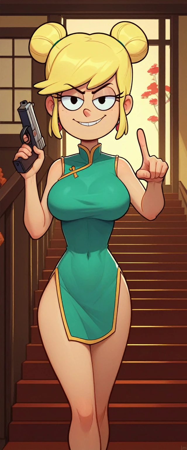 leni loud, 1girl, solo, 24yo girl, large breasts, green cheongsam,  inside of a chinese temple, looking at viewer, blonde hair, two hair buns , hands  score_9, score_8_up, score_7_up, guarding the stairs behind her, a door infornt of the stair, pointing pistol, aiming pistol at you, job : guardian