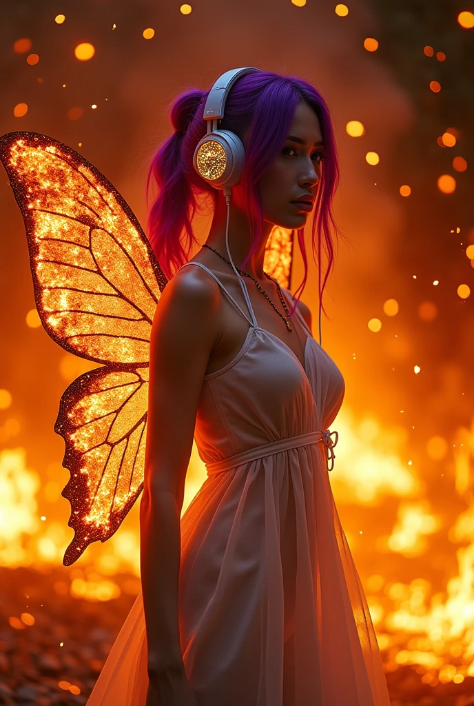 Korean purple hair butterfly woman with headphone and transparent white outfit in fire written Hell boy all in flames