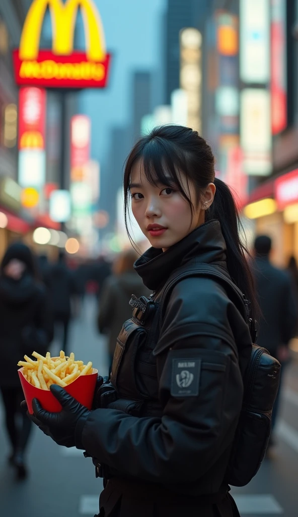 candid film still, looking at viewer, 20 years old, A beautiful young Japanese girl with dark hair tied back, dressed in black tactical gear, stands confidently in an urban street. She is holding a container of McDonald's fries with a slight smile. The background is a bustling city street with blurred pedestrians, and a large McDonald's sign is clearly visible in the background. The overall scene is energetic and vibrant, with the woman’s tactical gear contrasting with the lively urban environment.