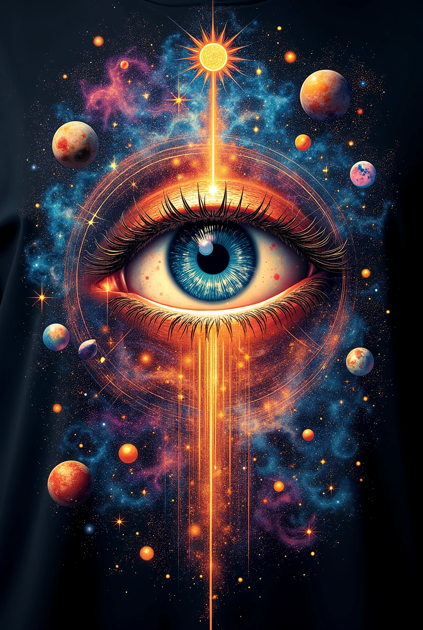 create a print for a black t-shirt, based on a very psychedelic art, that has the eye of GOD big in the middle and full of information around it, like planets, exoterismo, Quantum mechanics, Espiritualidade, etc...
a very realistic and magical image