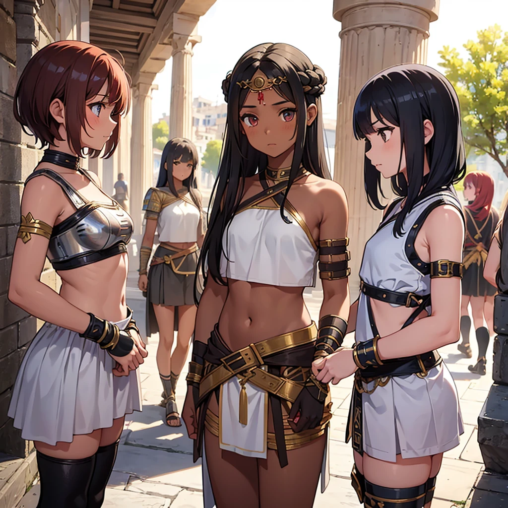 a beautiful Greek warriors child girls , Greek warrior, girls in togas ,tanned skin, cover ,brown skin, ancient Greece, classical Greece, black armor , warrior woman, l ight armor, black hair,red hair , blonde hair , girl , young girls, really young girls, young body, slim body, small chest