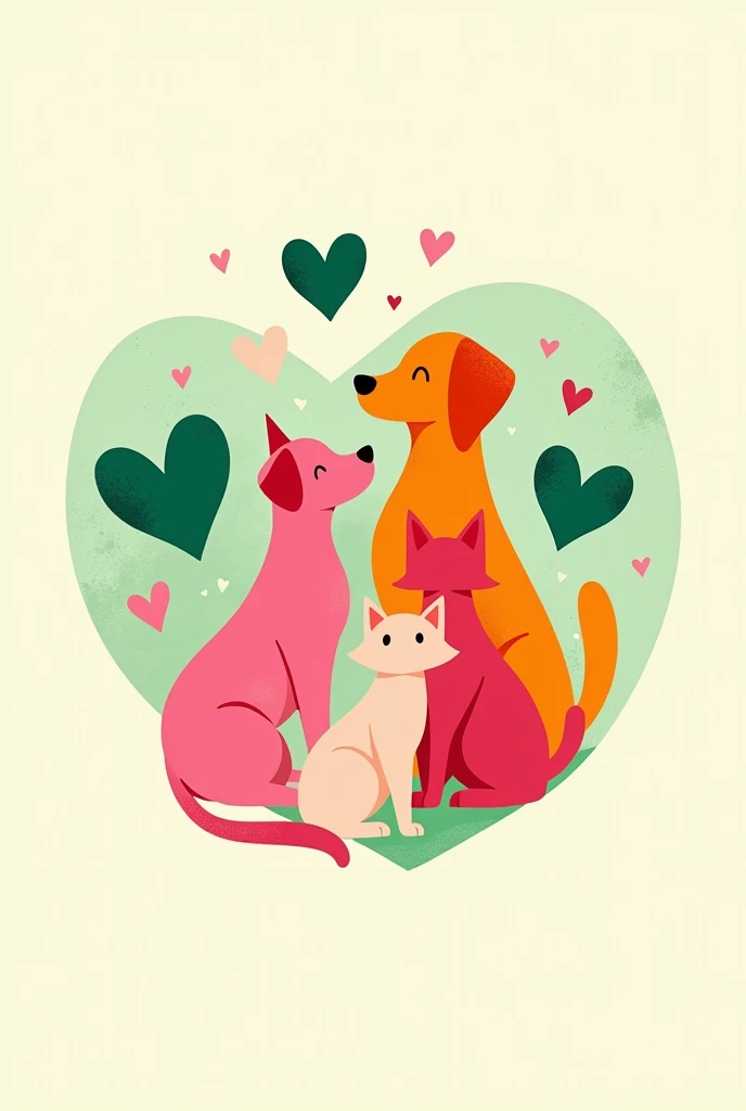 Create a cheerful and creative logo in the pop art style, nas cores rosa pink, orange, light green, offwhite, for an animal welfare action, to help street animals, without letters
Place the elements (animal silhouettes and hearts) in a playful way, maybe with a centralized heart and animals around, com um fundo offwhite ou uma leve textura verde. Use rosa e orange para os animais e verde para os corações ou detalhes adicionais.