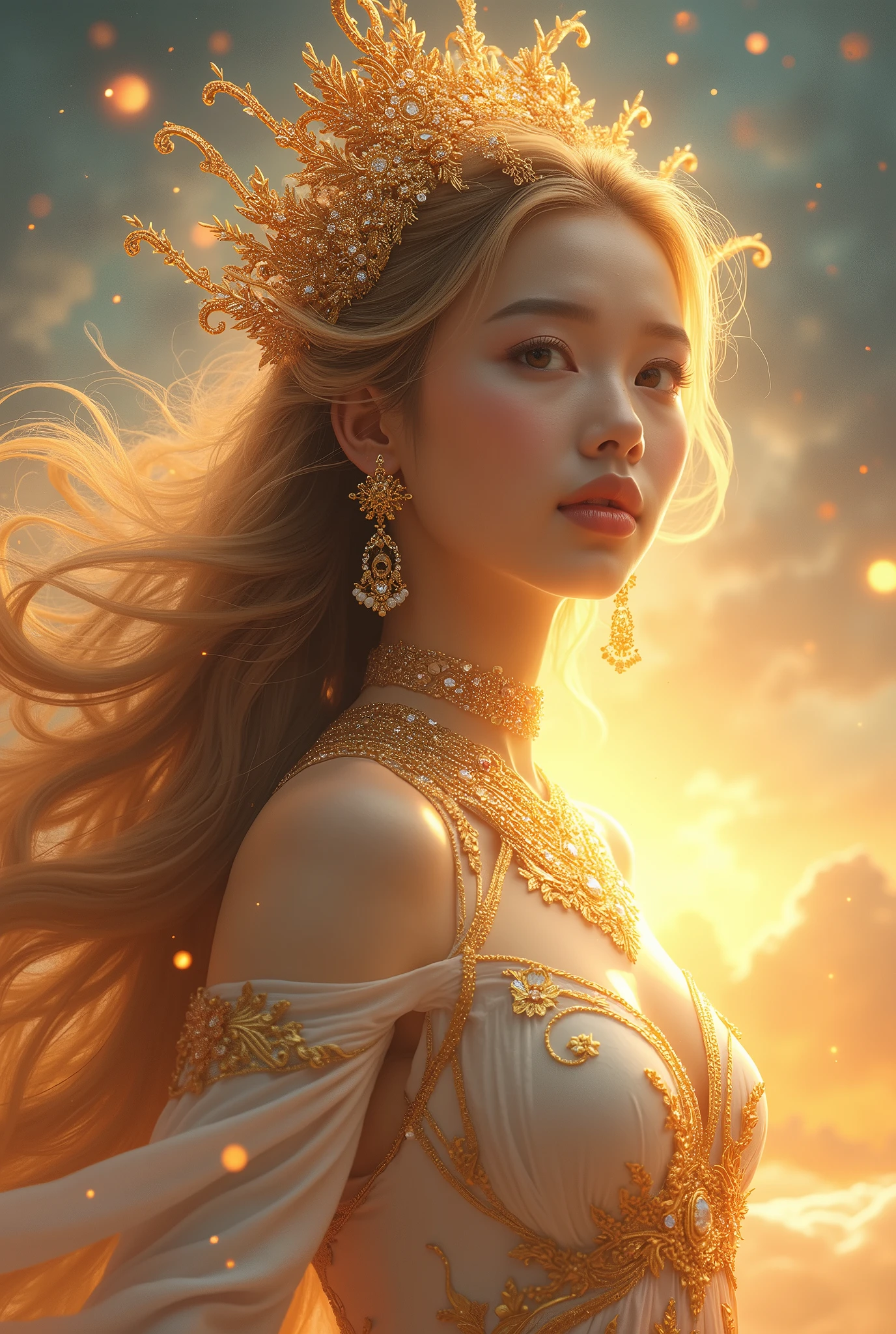 super detailed, realistic, vietnamese goddess, gorgeous detailed eyes, gorgeous detailed lips, shiny golden hair, sparkling ornaments, mysterious aura, sublime beauty, elegant posture, divine light, powerful presence, Surrounding Heaven, bright colors, fairy-tale atmosphere, brilliance, calm expression, transcendent energy, supreme being, legendary figure, queen of heaven, spiritual empowerment, liberated god, Great Goddess, Divine Feminine, unparalleled elegance, Majestic presence, captivating gaze, magical atmosphere, peaceful tranquility, Inspiring brilliance, God's grace, majestic power, eternal silence, Magical amulet, Goddess of Heaven, enchanting beauty, sublime perfection, dreamy atmosphere, enchanting beauty, heavenly divinity