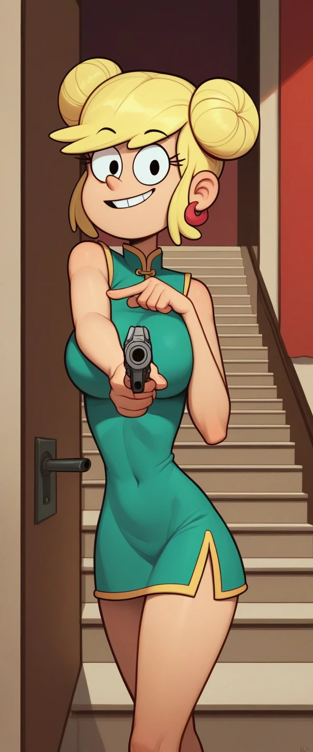 leni loud, 1girl, solo, 24yo girl, large breasts, green cheongsam, inside of a chinese temple, looking at viewer, blonde hair, two hair buns , hands score_9, score_8_up, score_7_up, guarding the stairs behind her, a door infornt of the stair, pointing pistol, aiming pistol at you, job : guardian