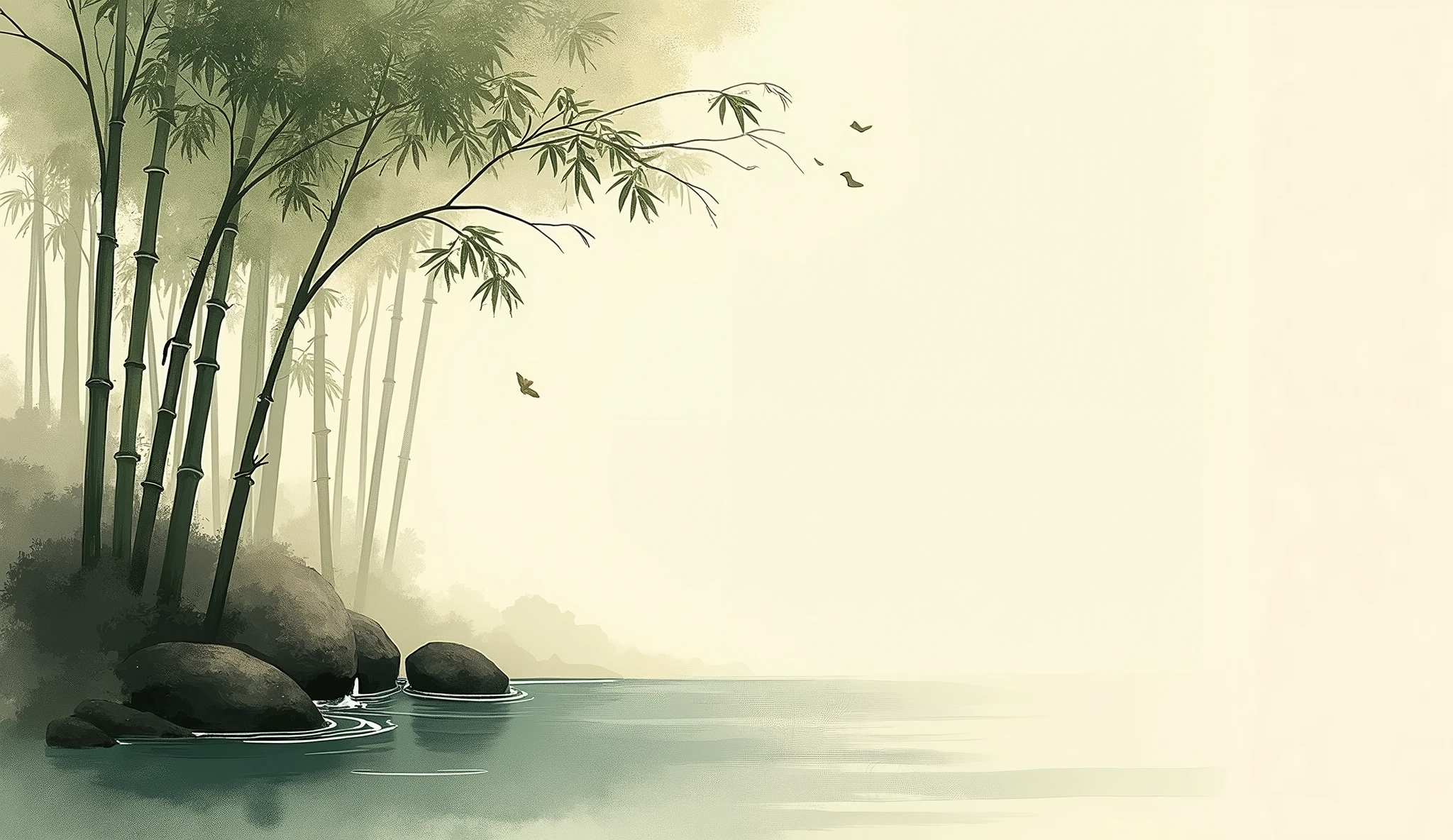 Chinese Ink wash painting of bamboo forest and a small spring water without text or stamp, simplification painting, ink brush, faded color