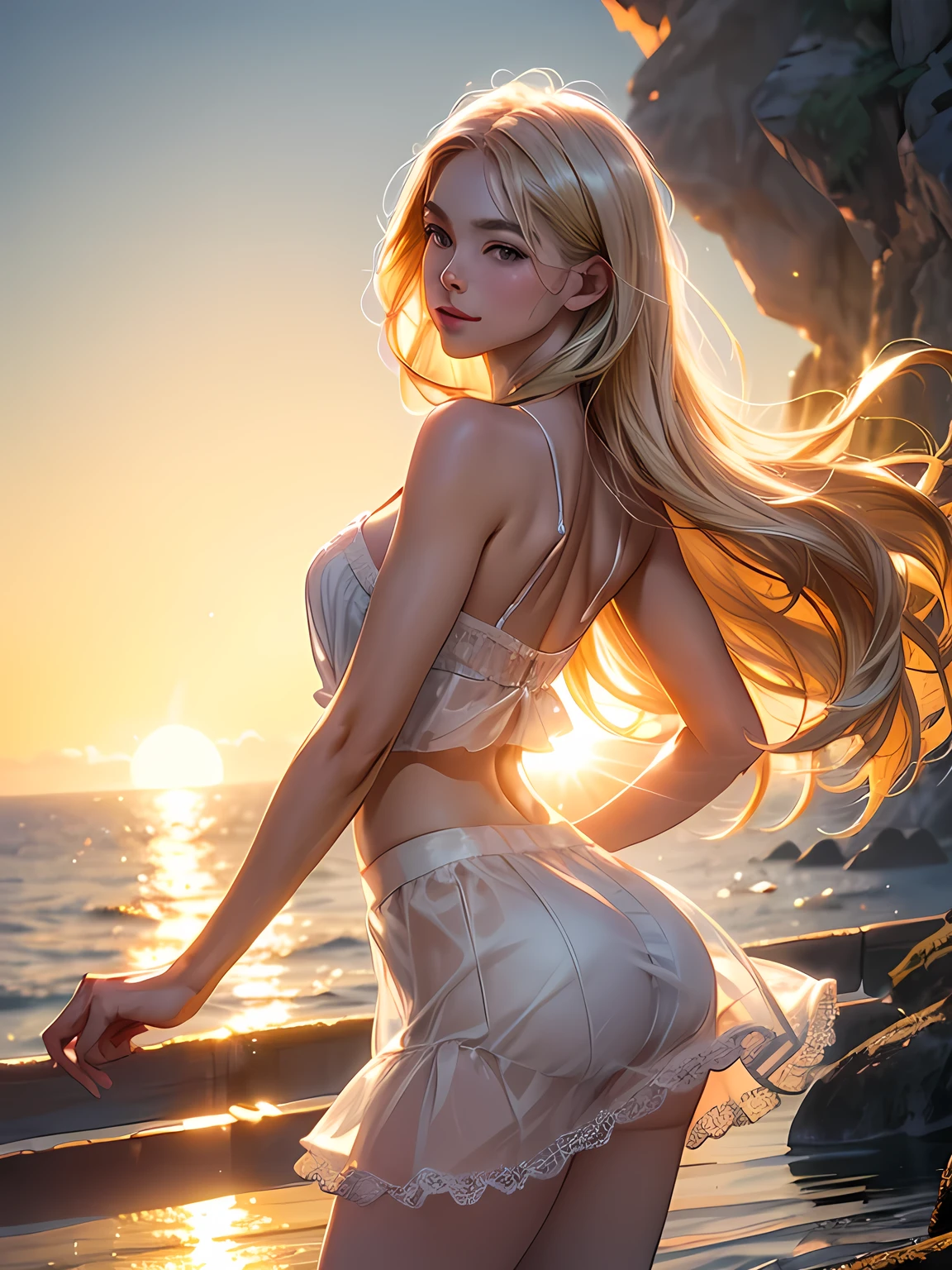 Ultimate beauty woman, Fiery Horizon, awesome solo, (Photorealistic:1.37), Summer Seaside, (Dazzling sunset:1.5, beautiful evening sunset:1.4), Sunset behind the person, The sunset is reflected on the sea surface, (Lens Ghosting:1.5, lens flare:1.2, Backlit lens ghost, Octagon-shaped lens ghost), sensual, (ultra Silky Shiny platinum blonde Hair:1.2), ((Natural backlighting:1.4)), detalhes faciais, ((wears lace tiered mini skirt and white Summer clothes, Inner camisole)), Touch own inner thighs with both hands, Unparalleled beauty, super beautiful face, Symmetrical facial, slightly Smiling, Highly detailed face, Slightly slimmer body, smooth skin, Realistic Skin, Highly detailed Skin, Close-up,
BREAK. (masterpiece, ultra high resolution, high definition RAW photograph, Highly detailed CG, best quality, 4K), perfect anatomy, perfect proportions, romantic ambiance, Sparkling sea, Accurate limbs, erotic body, Photogenic, golden hour