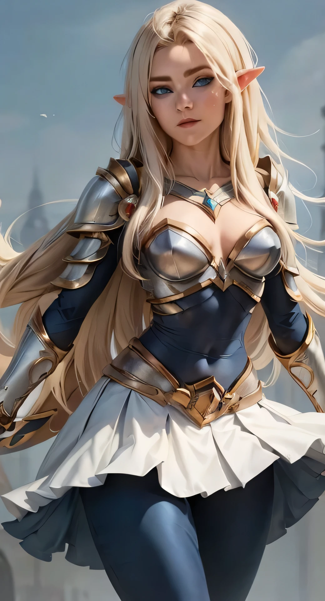 lux, league of legends, long blonde hair, blue eyes, blue tights, full chest armor, shoulder armor, skirt with frills, medium breasts, half body portrait, beautiful, fit body, looking at viewer, very detailed face, Eva Elfie