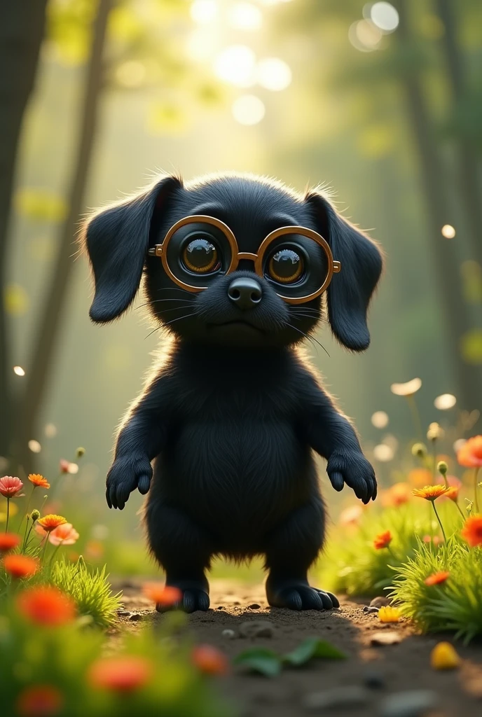 Fusion of hobbit with a dwarf from Snow White and a pinscher, with glasses and absolute black color