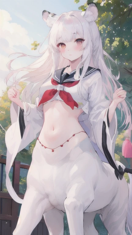 (best quality, masterpiece), 1 girl, centaur, I beg, White skin, Japanese schoolgirl,black pink, exposing the abdomen, beautiful girl perfect, White tiger photo, 완벽한 White tiger photo