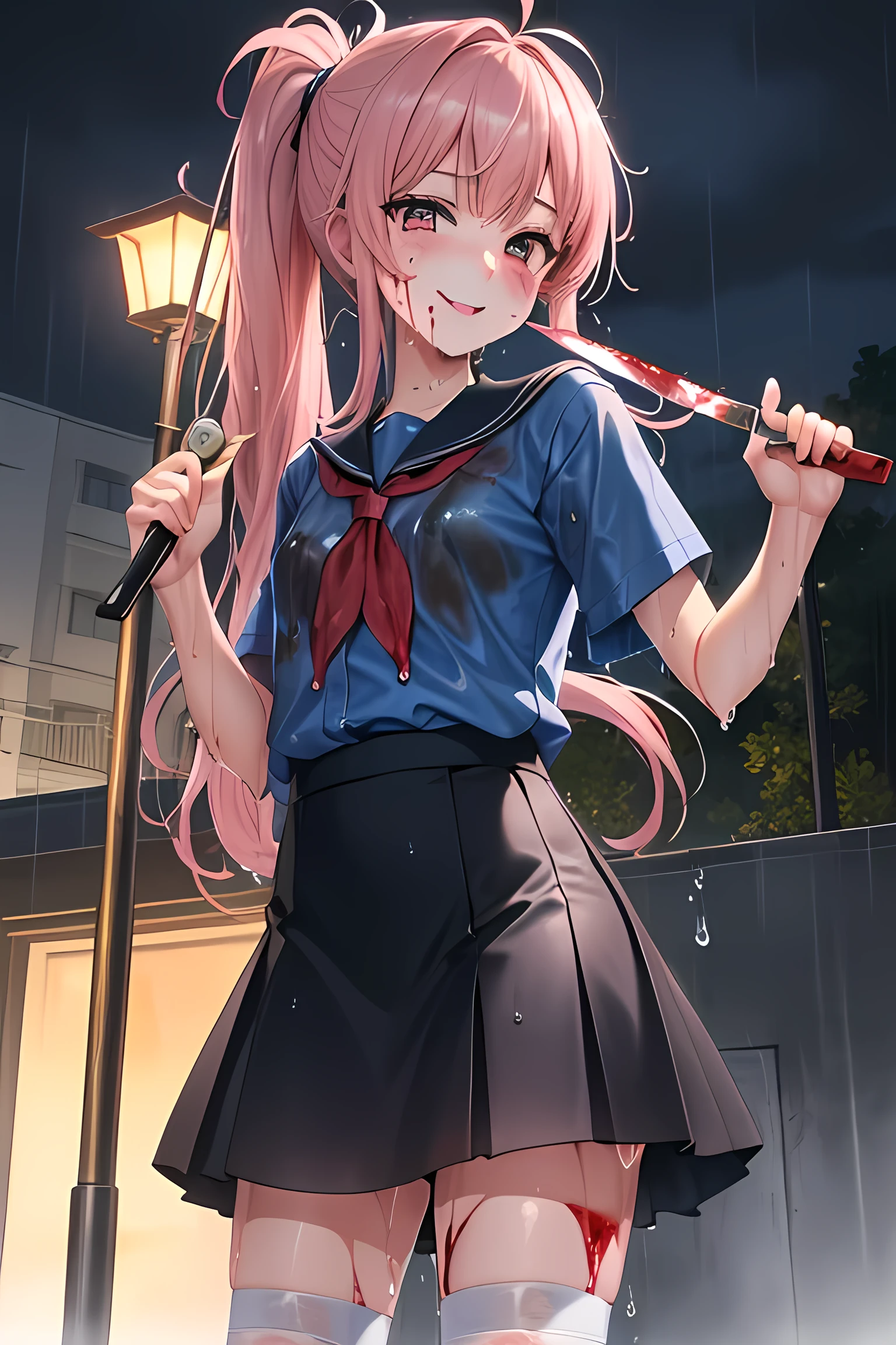 (Very detailed CG Unity 8k wallpaper), (masterpiece), (Highest quality), (Very detailed), (Best illustrations), (Best Shadow), Dramatic lighting, light, (absurdes), (Medium chest:1.1), gasai yuno, gasai yuno, school uniform, (Blue Shirt:1.3), Blue Skirt, Knee socks, (Happy:0.7), (yandere, Crazy Eyes:1.1) yameroyandere, Shadowed face, (Crazy Smile:1.5), (night, night sky:1.5), (Apply blush all over the face:1.5), (Shadowed face:1.6), stare, (Wet clothes, Wet Hair:1.5), (rain:1.4), Eyes Wide Open, The pupils constrict, Little student, yandere trance, Low Ponytail, Are standing, See-through shirt, (There was blood on my face, Blood on clothes:1.2), lamp post, avert your eyes, Long Side Lock,
(Holding a knife:1.4), Knife blood, leaning against the fence