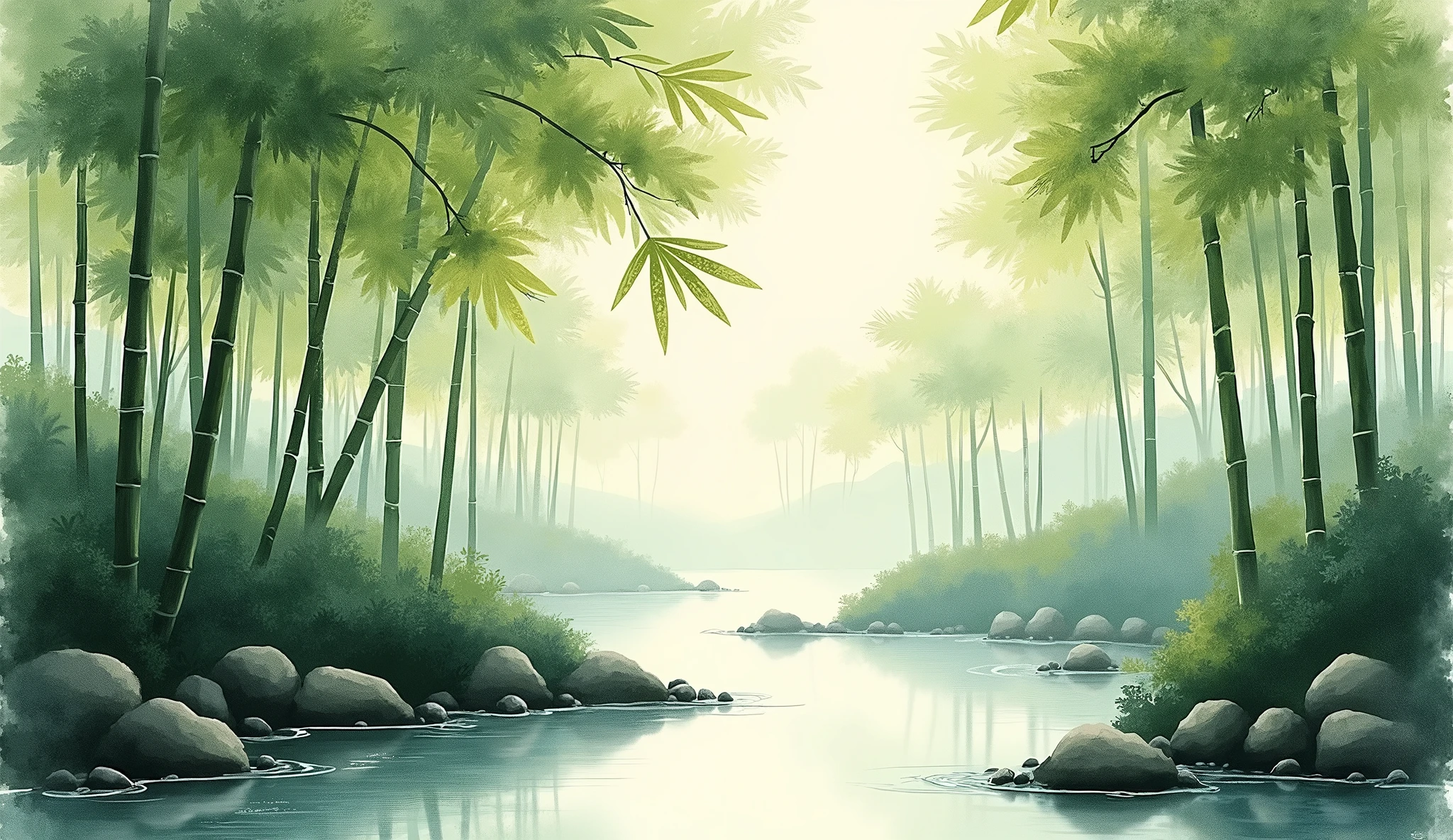 A lush bamboo forest, delicate ink brush strokes, a tranquil spring with flowing water, simplified forms, faded color palette, traditional Chinese style, masterful ink wash painting, serene landscape, natural beauty, exquisite detail, ethereal atmosphere
