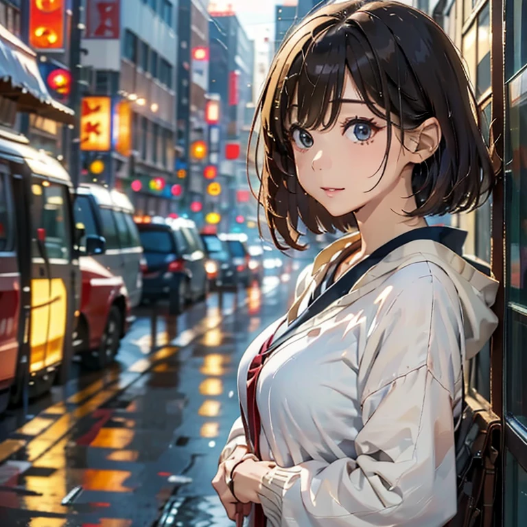 Japanese、((heavy rain))、Sad face、Standing posture、Tokyo cityscape、High definition eyes、High definition face、8ｋ、high resolution、High Definition Hand