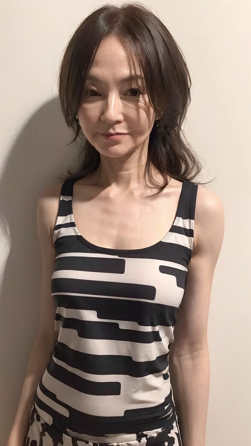 (high-level image quality、hightquality、hight resolution、​masterpiece、detaileds、8K)、(a matural female)、(A chain is attached to the collar:1.5)、brown messy long curly hair、(lean body)、Short tank top showing belly button、Wearing panties、show one armpit、is standing、(One hand is on his hip)、(Old apartment)、(A room littered with trash)、(the walls are very dirty)、