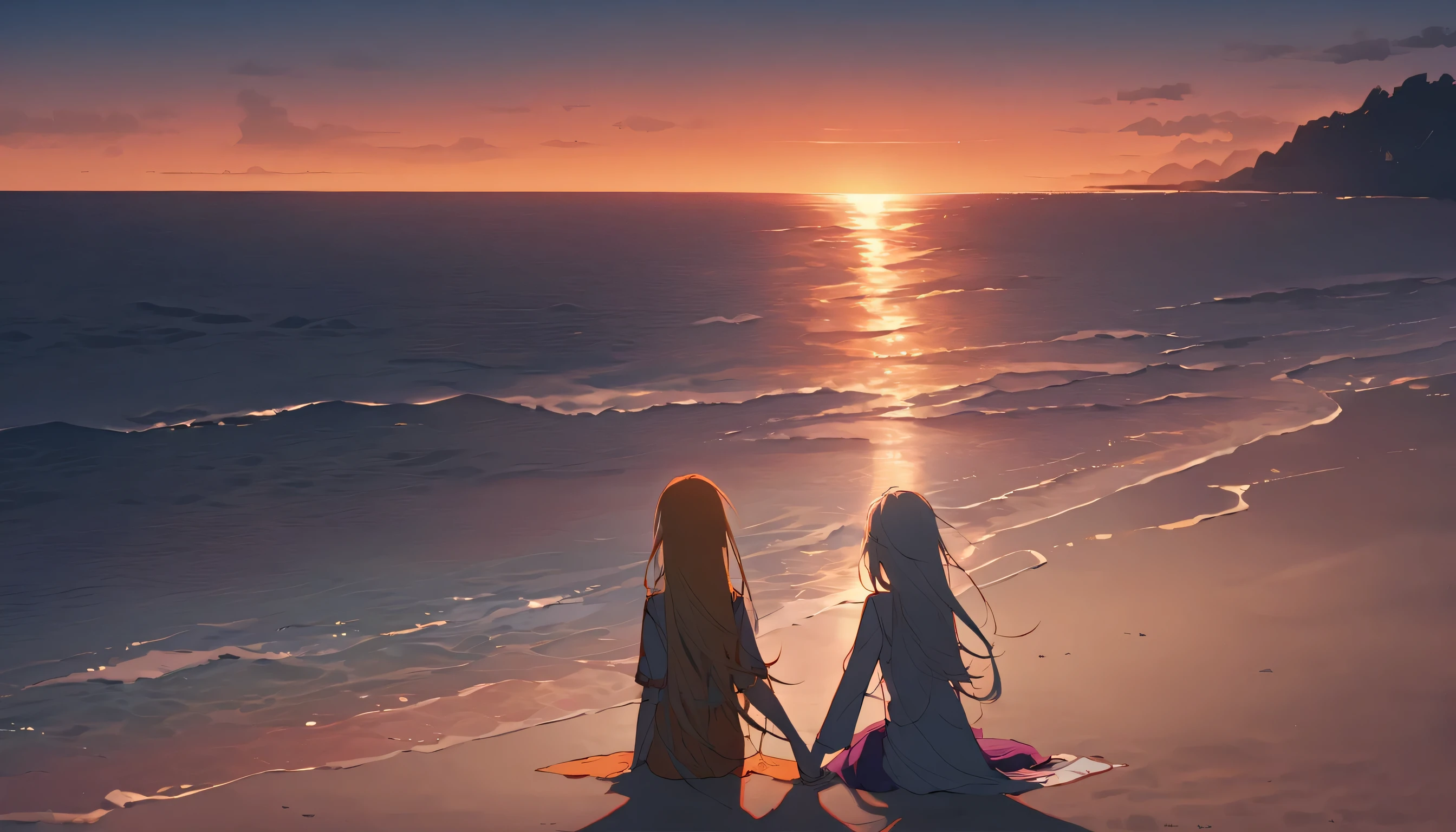 Two people are sitting with their backs to each other on the beach at dusk. The sky is a mixture of orange and purple, a shade that evokes sadness. They are looking in different directions, conveying a subtle sense of distance between them. The ocean waves gently litter the shore, and the distant horizon slowly begins to darken. Though they are holding hands, a shadow stretches between them, expressing the distance between their hearts. Teenage girl character with grey hair, glowing red eyes, long hair, and a mole under her left eye. The other female character has short golden hair and glowing blue eyes.