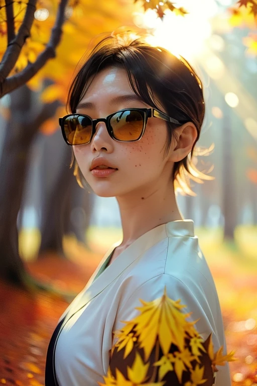 a beautiful japanese college girl with some freckles on her face inspired by hamada hideyaki shot by contax g1 with portra 800 film roll, ((short hair)),  ((yellow trees forest)), autumn,scenery:1.25,((intricate scenery)),((autumn forest background)), ((sun rays)), ((black sun glasses))