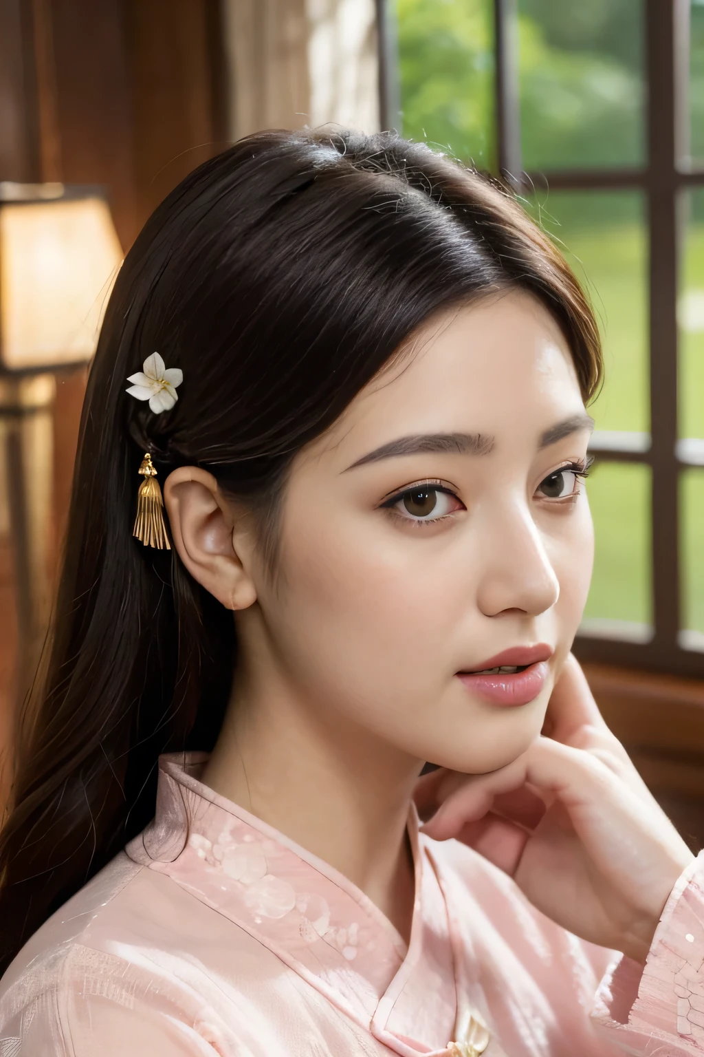 Masterpiece, best, night, full moon, 1 female, mature woman, Chinese style, ancient China, elder sister, royal sister, smile, dark brown hair, dark hair, princess cut, braid, curly hair, double ball head, pale pink Lips, calm, intellectual, medium hair, green pupils, hairpin, hydrangea, delicate face, face close-up, hand close-up