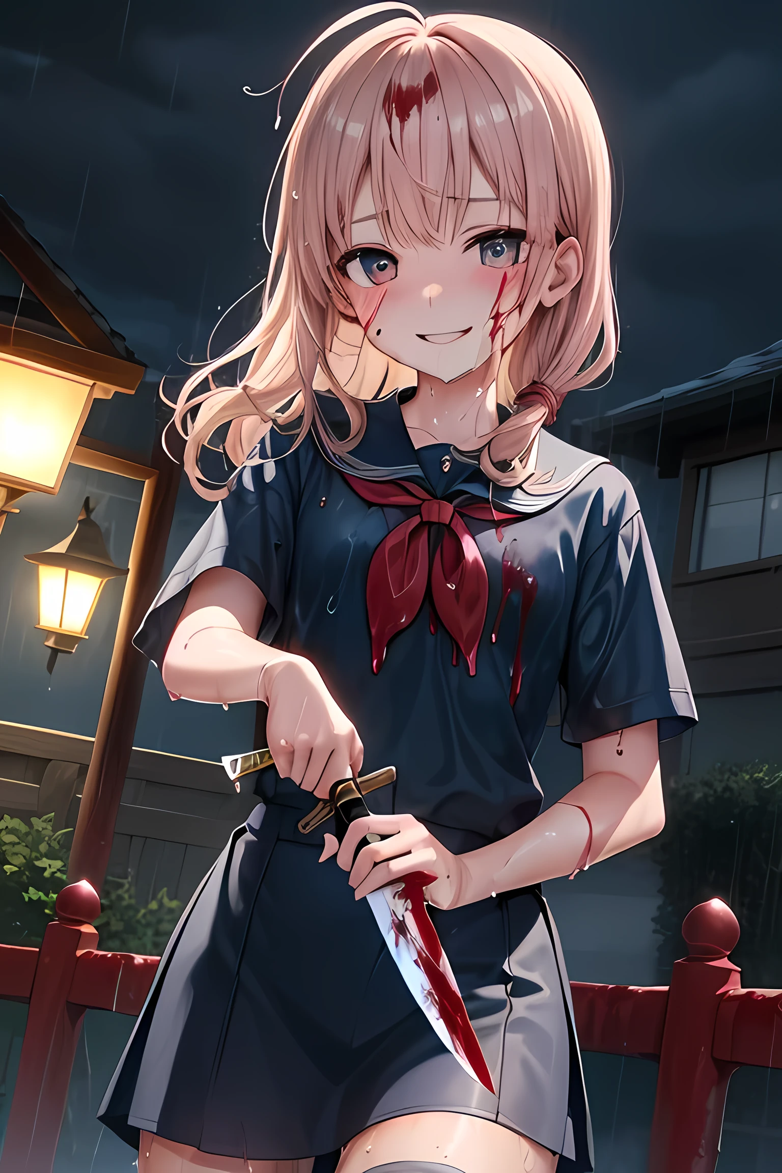 (Very detailed CG Unity 8k wallpaper), (masterpiece), (Highest quality), (Very detailed), (Best illustrations), (Best Shadow), Dramatic lighting, light, (absurdes), (Medium chest:1.1), gasai yuno, gasai yuno, school uniform, (Blue Shirt:1.3), Blue Skirt, Knee socks, (Happy:0.7), (yandere, Crazy Eyes:1.1) yameroyandere, Shadowed face, (Crazy Smile:1.5), (night, night sky:1.5), (Apply blush all over the face:1.5), (Shadowed face:1.6), stare, (Wet clothes, Wet Hair:1.5), (rain:1.4), Eyes Wide Open, The pupils constrict, Little student, yandere trance, Low Ponytail, Are standing, See-through shirt, (There was blood on my face, Blood on clothes:1.2), lamp post, avert your eyes,  Long Side Lock,
(Holding a knife:1.4), Knife blood, leaning against the fence