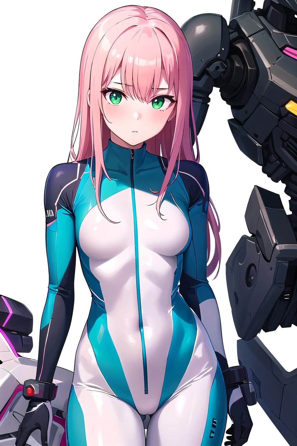 1girl,Samus aran,solo,green eyes, pink hair, forehead hair, white zero suit,white body suit,purple stripes,cowboy shot,blush,,Science fiction,ultra-detailed,sharp focus,aesthetic,(best quality), white background,