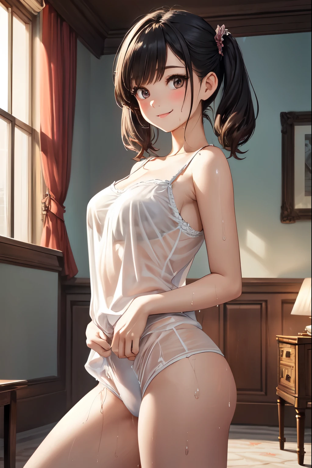 very cute and beautiful girl,(highly detailed beautiful face),(smile:1.2),blush,black hair,low twintails,looking at viewer,
wet,sweat,standing,(transparent white camisole),arms behind back,exposing thighs,antique hotel room,gorgeous furnitures,window,ocean view,
(best quality,masterpiece),absurdres,highres,ultra-detailed,extremely detailed,32k,8k resolution,
intricate details,cinematic scene,detailed background,solo,dynamic angle,
(realistic),perfect hands,