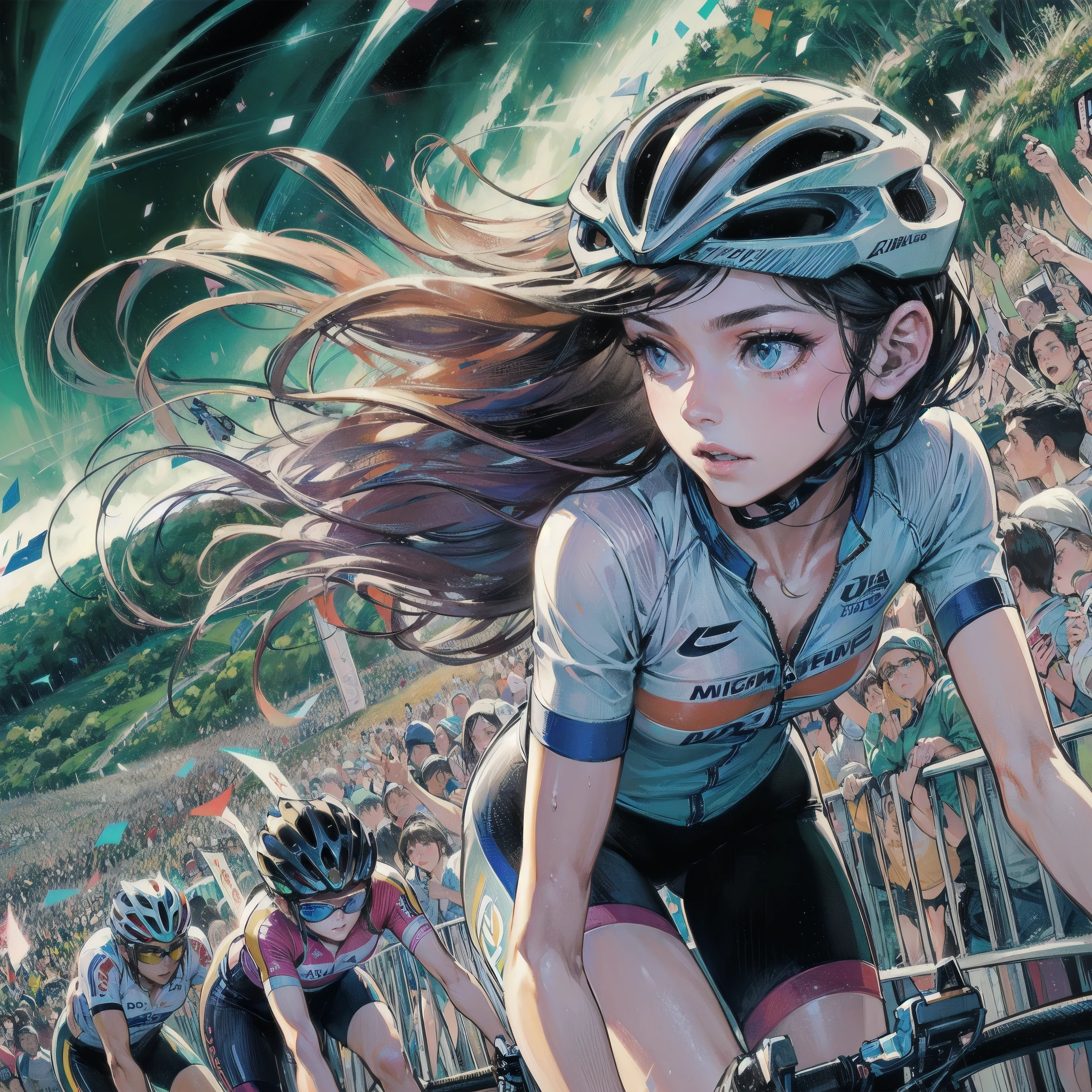 masterpiece, (textured skin), best quality, gorgeous beautiful girl, (a female cycling athlete), detailed clothes,large breasts,narrow waist,, (beautiful face), cinematic lighting, (at cycling venue ),