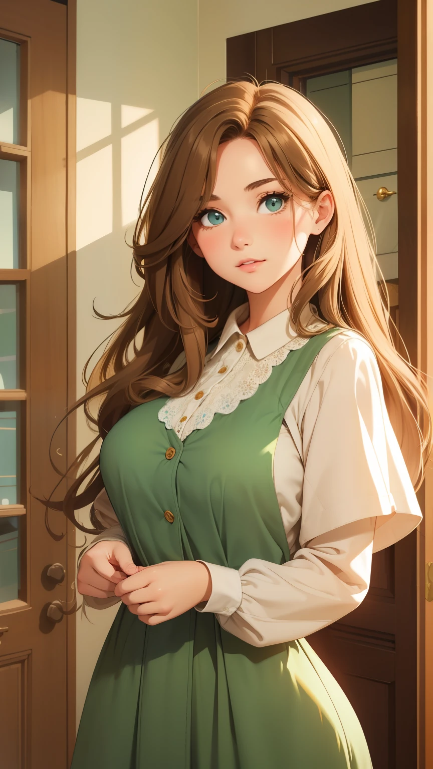 "Create a portrait of A young woman with long brown hair is standing indoors, wearing a vintage-style, high-collared dress in a muted greenish-blue color. The dress features buttons down the front and lace detailing around the collar and cuffs. She has a calm and composed expression, holding something in her hands. The setting includes wooden panel doors in the background and hanging garments, contributing to a nostalgic, historical atmosphere. The lighting is soft, giving the image a warm, intimate feel."
