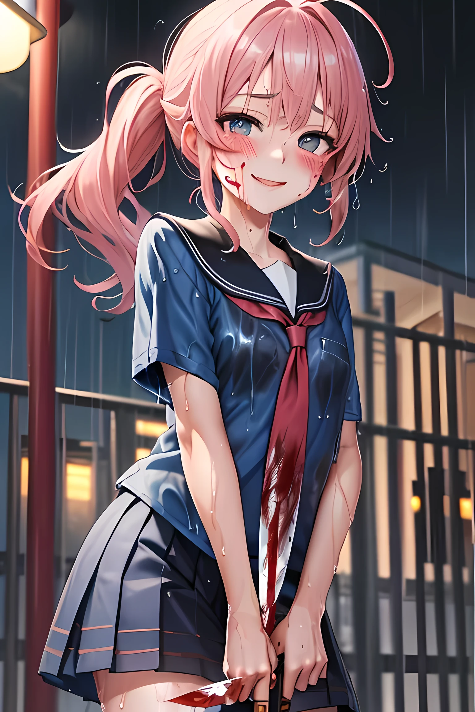 (Very detailed CG Unity 8k wallpaper), (masterpiece), (Highest quality), (Very detailed), (Best illustrations), (Best Shadow), Dramatic lighting, light, (absurdes), (Medium chest:1.1), gasai yuno, gasai yuno, school uniform, (Blue Shirt:1.3), Blue Skirt, Knee socks, (Happy:0.7), (yandere, Crazy Eyes:1.1) yameroyandere, Shadowed face, (Crazy Smile:1.5), (night, night sky:1.5), (Apply blush all over the face:1.5), (Shadowed face:1.6), stare, (Wet clothes, Wet Hair:1.5), (rain:1.4), Eyes Wide Open, The pupils constrict, Little student, yandere trance, Low Ponytail, Are standing, See-through shirt, (There was blood on my face, Blood on clothes:1.2), lamp post, avert your eyes, Long Side Lock, (Holding a knife:1.4), Knife blood, leaning against the fence