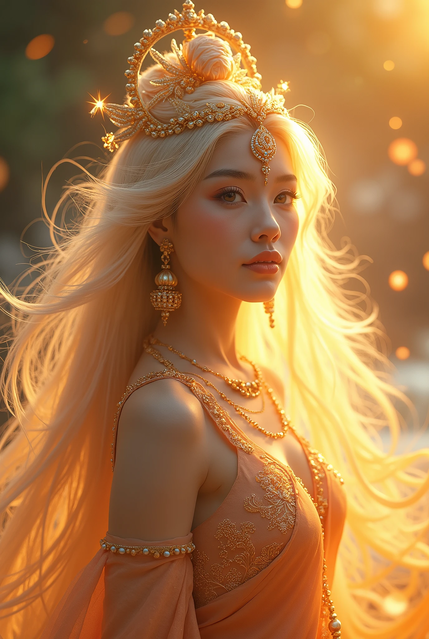 super detailed, realistic, vietnamese goddess, gorgeous detailed eyes, gorgeous detailed lips, shiny golden hair, sparkling ornaments, mysterious aura, sublime beauty, elegant posture, divine light, powerful presence, Surrounding Heaven, bright colors, fairy-tale atmosphere, brilliance, calm expression, transcendent energy, supreme being, legendary figure, queen of heaven, spiritual empowerment, liberated god, Great Goddess, Divine Feminine, unparalleled elegance, Majestic presence, captivating gaze, magical atmosphere, peaceful tranquility, Inspiring brilliance, God's grace, majestic power, eternal silence, Magical amulet, Goddess of Heaven, enchanting beauty, sublime perfection, dreamy atmosphere, enchanting beauty, heavenly divinity