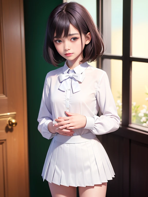 (masterpiece、Highest quality:1.7)、(11 years old:1.5)、(Above the knee shot:1.5)、Bobcut、Black Hair、85mm、16K、Official Art、RAW Photos、Best Beautiful Faces、Close-up、Violet、Gardenia、((The best beautiful girl、very cute))、Red blush on cheeks、indoor、(Are standing:1.8)、Film Grain、Chromatic Aberration、Sharp Focus、(((Nice hands、Perfect hands、Perfect Fingers、Thin and delicate fingers、A perfect body without flaws)))、Detailed face、(Slender body:1.5)、(Slender body:1.4)、(Slim upper body:1.4)、(Small breasts:1.8)、(Let your bangs hang down:1.8)、(Blushing:1.8)、(Low contrast lighting:1.2)、(White tight business blouse with collar:1.5)、(White bow tie blouse:1.4)、(Long sleeve: 1.3)、(A very short white pleated mini skirt:1.8),(Holding his chest with his palm:1.5)、Low angle from below