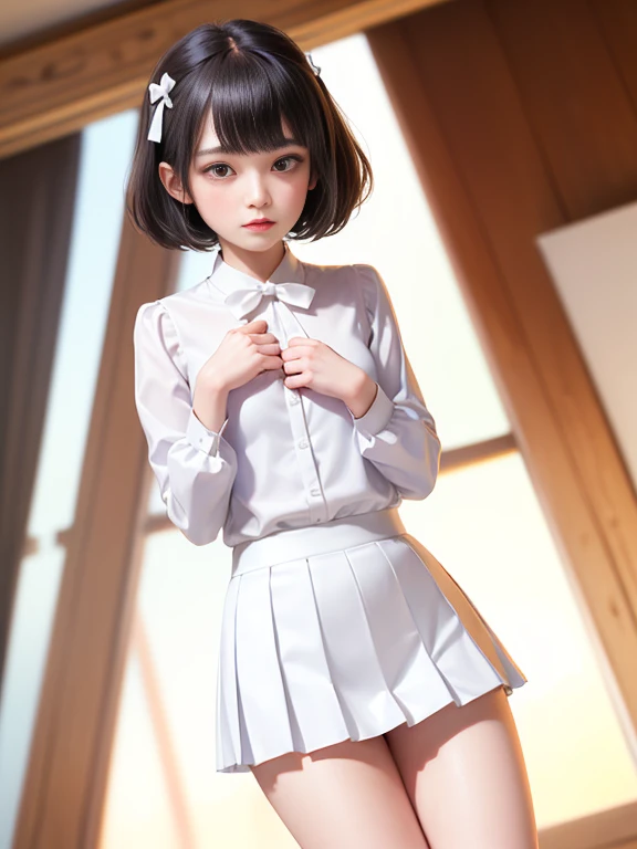 (masterpiece、Highest quality:1.7)、(:1.5)、(Above the knee shot:1.5)、Bobcut、Black Hair、85mm、16K、Official Art、RAW Photos、Best Beautiful Faces、Close-up、Violet、Gardenia、((The best beautiful girl、very cute))、Red blush on cheeks、indoor、(Are standing:1.8)、Film Grain、Chromatic Aberration、Sharp Focus、(((Nice hands、Perfect hands、Perfect Fingers、Thin and delicate fingers、A perfect body without flaws)))、Detailed face、(Slender body:1.5)、(Slender body:1.4)、(Slim upper body:1.4)、(Small breasts:1.8)、(Let your bangs hang down:1.8)、(Blushing:1.8)、(Low contrast lighting:1.2)、(White tight business blouse with collar:1.5)、(White bow tie blouse:1.4)、(Long sleeve: 1.3)、(A very short white pleated mini skirt:1.8),(Holding his chest with his palm:1.5)、Low angle from below