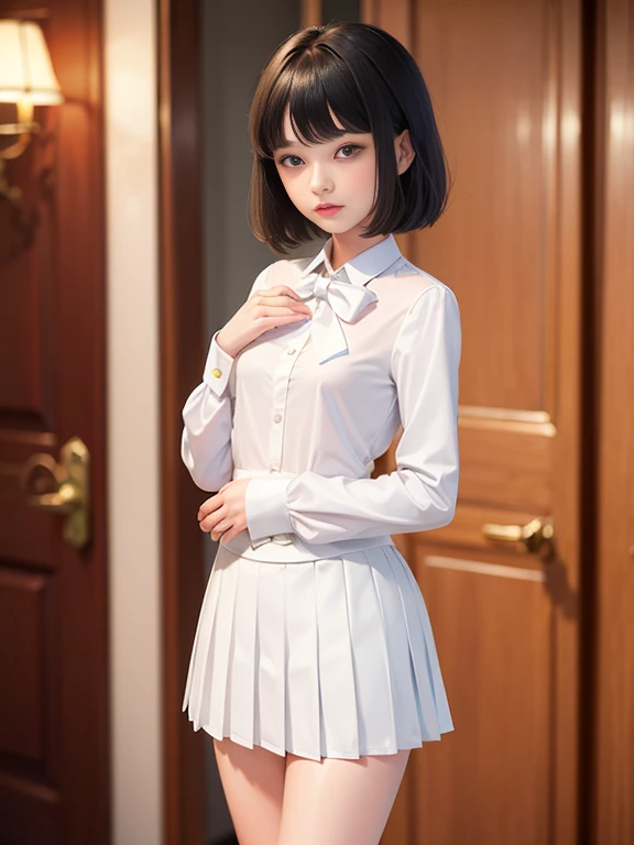 (masterpiece、Highest quality:1.7)、(11 years old:1.5)、(Above the knee shot:1.5)、Bobcut、Black Hair、85mm、16K、Official Art、RAW Photos、Best Beautiful Faces、Close-up、Violet、Gardenia、((The best beautiful girl、very cute))、Red blush on cheeks、indoor、(Are standing:1.8)、Film Grain、Chromatic Aberration、Sharp Focus、(((Nice hands、Perfect hands、Perfect Fingers、Thin and delicate fingers、A perfect body without flaws)))、Detailed face、(Slender body:1.5)、(Slender body:1.4)、(Slim upper body:1.4)、(Small breasts:1.8)、(Let your bangs hang down:1.8)、(Blushing:1.8)、(Low contrast lighting:1.2)、(White tight business blouse with collar:1.5)、(White bow tie blouse:1.4)、(Long sleeve: 1.3)、(A very short white pleated mini skirt:1.8),(Holding his chest with his palm:1.5)、Low angle from below