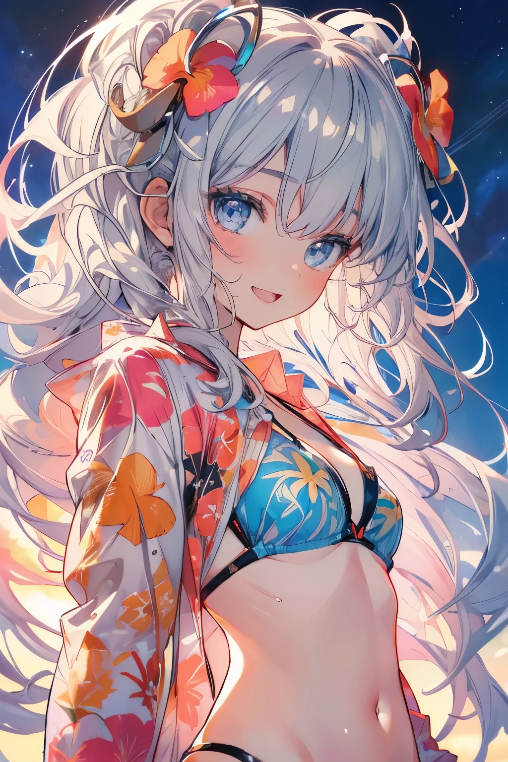 (Best quality,4K,8K,High resolution,Masterpiece:1.2),Super detailed,(Actual, Realistic),highly detailed, top quality, soft skin,Portrait,
break,
((clear blue eyes:1.2)),smiling eyes,beautiful eyelashes,beautiful lower eyelashes,
break,
((Beautiful and shiny silver hair:1.3)),A dazzling smile, a bursting smile, an open mouth laugh,
break,
very happily,
break,
((beautiful aloha shirt:1.3)),((wearing a beautiful bikini inside:1.3)),
break,
((beautiful night sky:1.3)),from below