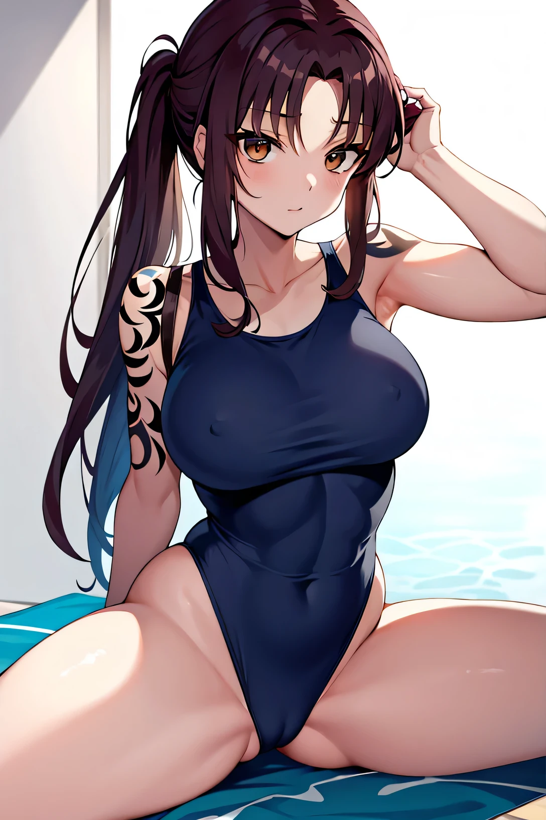 Anime swimwear, Long ponytail brown hair girl, Brown Eyed Girl, Wearing swimwear, Wear swimwear, Anime Moe Art Style, Swimwear, solo, Female focus, One piece swimwear, Enchanting Anime, clothing:High Cut Swimwear, Made by Anime Artist Studio, Dark blue high leg racing swimsuit with white lines, Big Breasts, had very large breasts, Muscular and strong, Tattoo on the right shoulder, Dark blue high leg racing swimsuit with white lines, Tall Woman, Adult sex appeal, Competitive Swimwear, Wet Swimwear, zerochan art, A cool anime character wearing a dark blue tank suit with white lines., High legレーシングスイムウェア, High legレーシングスイムスーツ, Strong muscles, High leg, Muscular Woman, Bare shoulders, bare legs, Competitive swimming swimwear, Female protagonist 👀 :8,