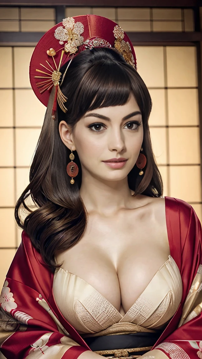(Detailed skin:1.2),(Glowing Skin:1.1),8k,Highest quality, masterpiece, Ultra-high resolution,(Realistic:1.4), RAW Photos,(Soft Saturation:1.3),(Fair skin:1.2),Half Japanese Beauty,repair,20 years, Light brown hair, （Updo:1.2), Asymmetrical hair, (Pretty face:1.4), (Large Breasts, Tight waist), Beautiful lighting, (Sexy Oiran:1.2,),Highly detailed face, Highly detailed lips, fine grain, double eyelid, （Sharp focus: 1.2）, （Perfect Anatomy),(Beautiful woman with perfect figure: 1.2）、Exposing cleavage、Random sexy poses，(Accentuate the lines of your legs:1.２)、kimono、Sharp eyes,Captivating look、Please open your mouth wide、Gorgeous hair ornament、Japanese style back