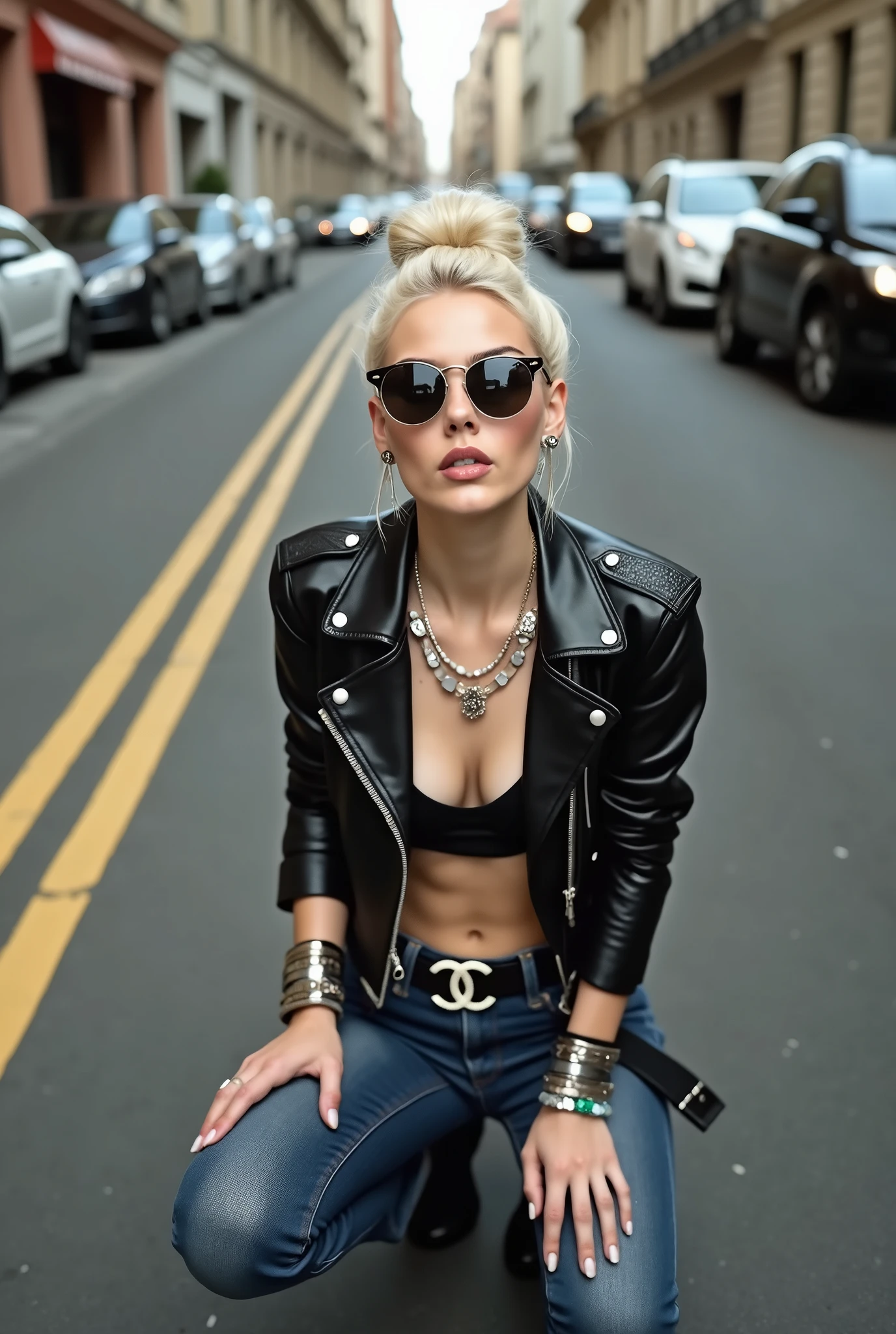 russian milf woman, grey hair (big top bun) and sunglasses as headband (big maxi sunglasses), with very light blue eyes, extremely pale. Wearing cropped black moto jacket with lots of zippers, black bra, dark blue jeans and pointy Chelsea boots with cuban heels . Silicone breastsLots of metallic bracelets, long pendants and collars. Tacky leather belt with oversized chanel buckle. Wide loop earrings. Kneeling, looking up, tilted head, eyes and mouth wide open in amazement. Hands on her knees. Looking at the camera in amazement, toned abdominals, thin legs and thin arms. tattoed
