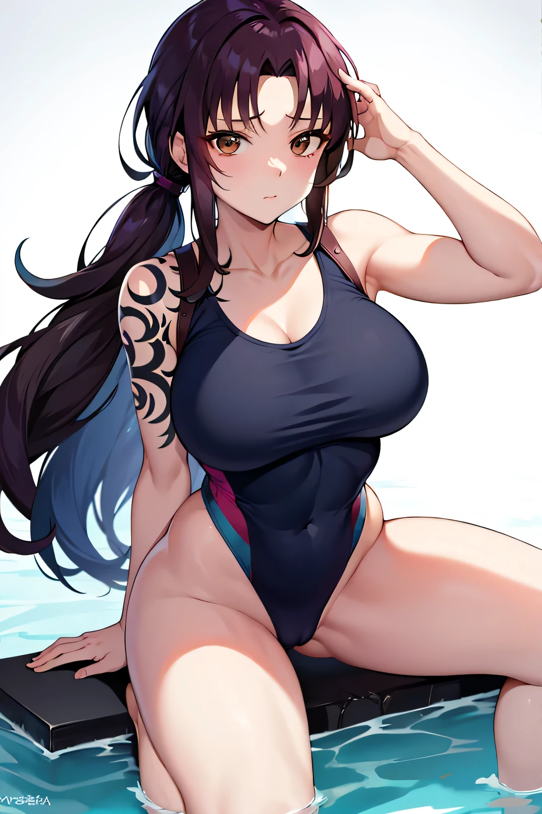 Anime swimwear, Long ponytail brown hair girl, Brown Eyed Girl, Wearing swimwear, Wear swimwear, Anime Moe Art Style, Swimwear, solo, Female focus, One piece swimwear, Enchanting Anime, clothing:High Cut Swimwear, Made by Anime Artist Studio, Dark blue high leg racing swimsuit with white lines, Big Breasts, had very large breasts, Muscular and strong, Tattoo on the right shoulder, Dark blue high leg racing swimsuit with white lines, Tall Woman, Adult sex appeal, Competitive Swimwear, Wet Swimwear, zerochan art, A cool anime character wearing a dark blue tank suit with white lines., High legレーシングスイムウェア, High legレーシングスイムスーツ, Strong muscles, High leg, Muscular Woman, Bare shoulders, bare legs, Competitive swimming swimwear, Female protagonist 👀 :8,