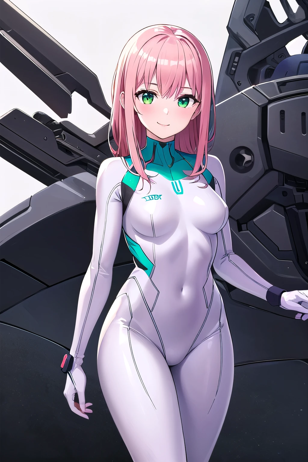 1girl,Samus aran,solo,green eyes, pink hair, forehead hair, white zero suit,white body suit,purple stripes,cowboy shot,blush,,Science fiction,ultra-detailed,sharp focus,aesthetic,(best quality), white background, smile