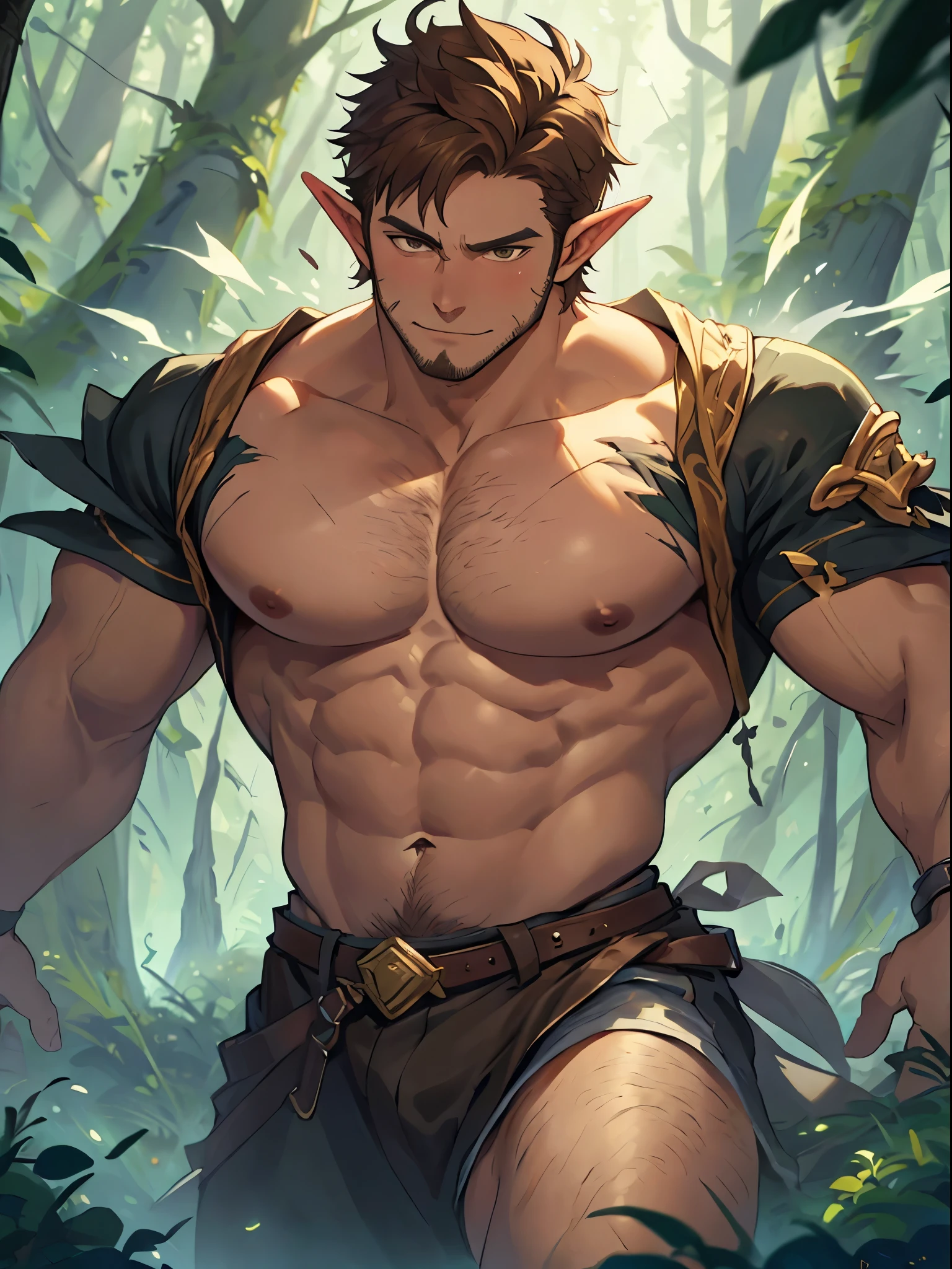 (masterpiece: 1.2), (very detailed: 1.2), (perfectly detailed), (very detailed and beautiful: 1.1) solo, 1 boy, male only, muscular male, Michelangelo style, dynamic pose, very short haircut, shaved temples, brown hair, brown eyes, thick stubble, shirtless, has thick stubble, body hair, action scene, detailed face, at full height, nature magic, forest elf, conjuring nature magic