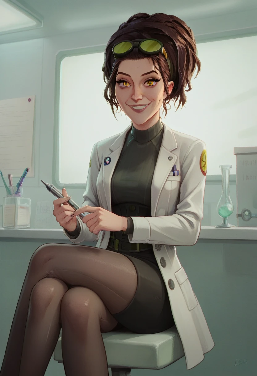 Score_9_up, score_8_up, score_7_up, close up, 1girl, solo, lady doc ock, labcoat, brown hair, yellow eyes, smiling, in laboratory, sitting on chair, crossed legs,