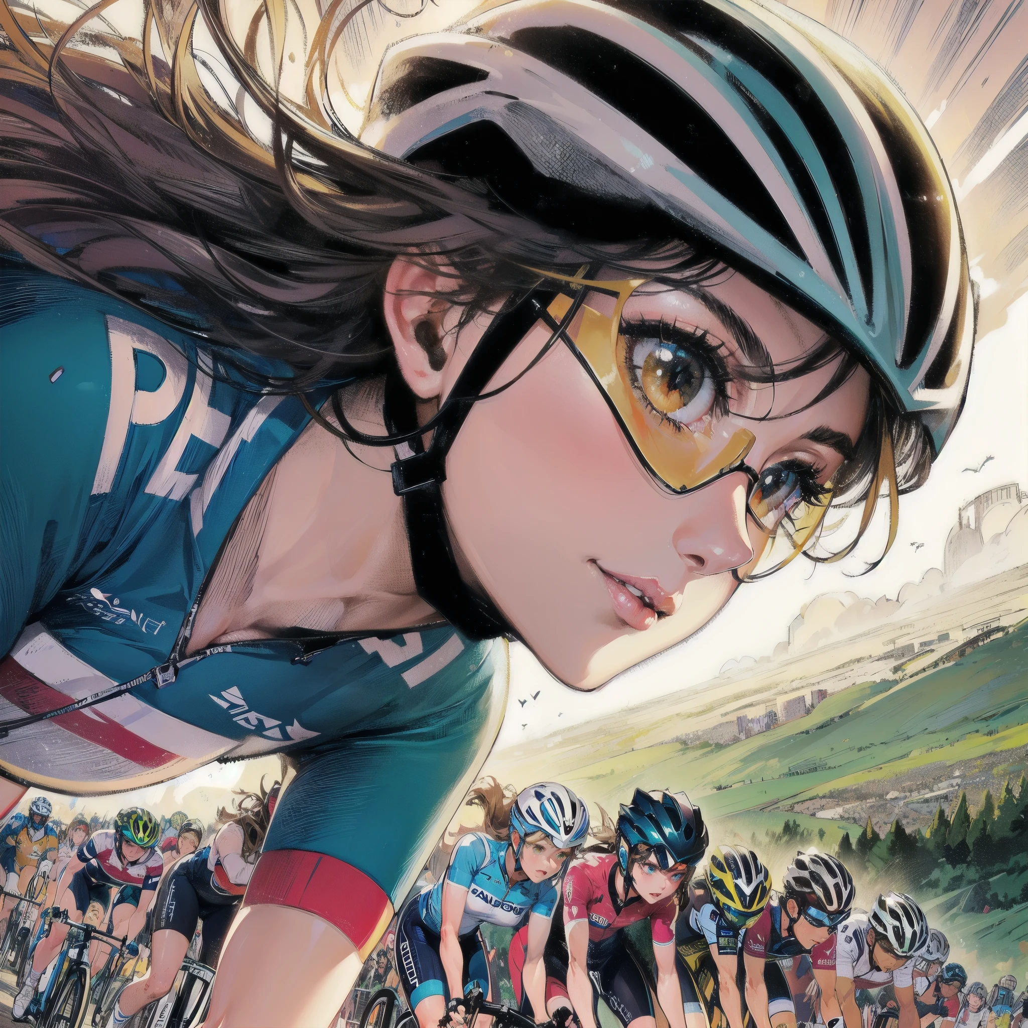 masterpiece, (textured skin), best quality, gorgeous beautiful girl, (a female cycling athlete), detailed clothes,large breasts,narrow waist,, (beautiful face), cinematic lighting, (at cycling venue ),