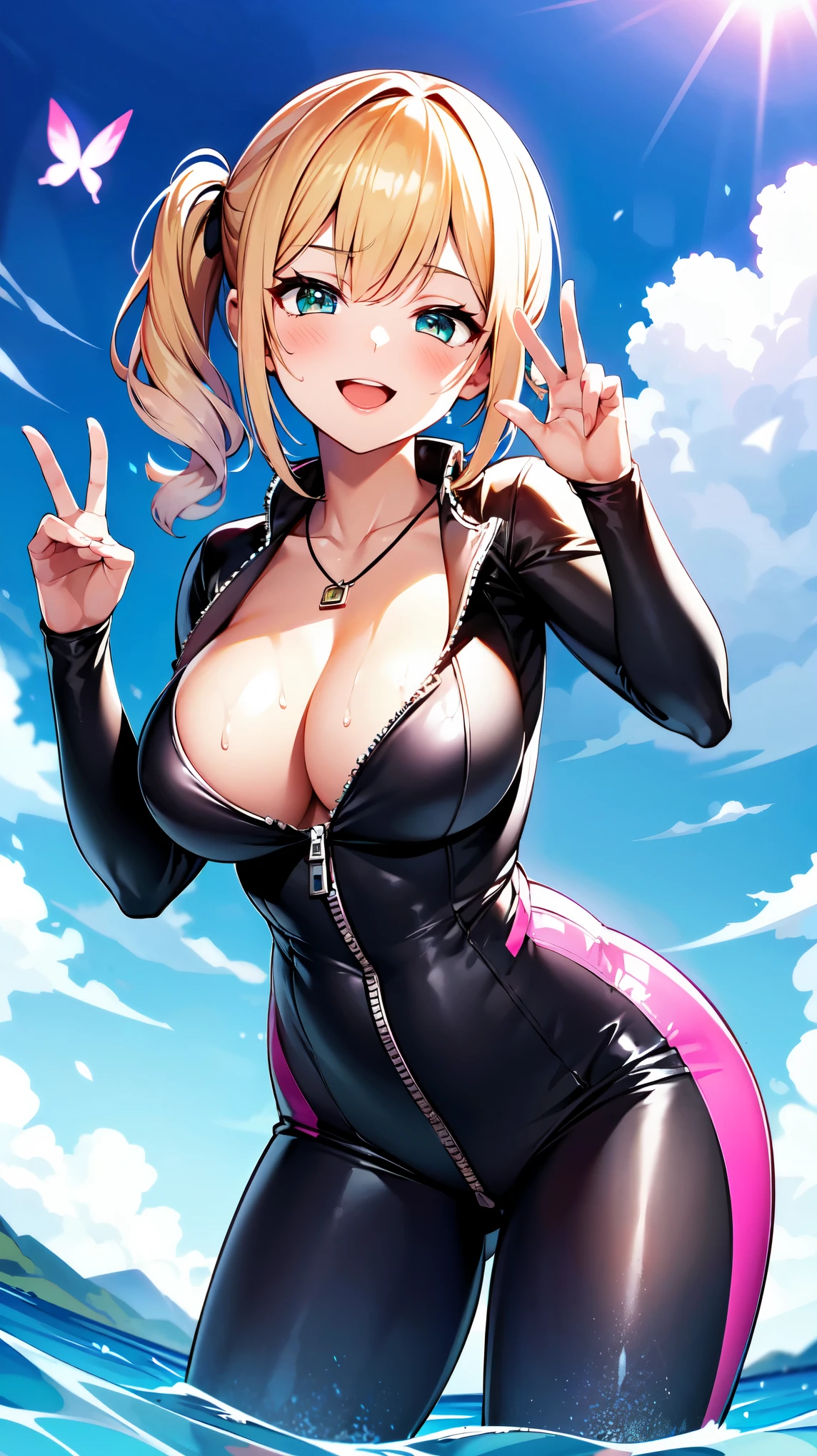 （（super high quality,Ultra-high resolution,16K,super masterpiece,Ultra HD,Ultra high definition:1.3,））One Girl,（Blonde,Short wavy hair:1.5）,Short Side Ponytail,（Black-purple hair tie shaped like a butterfly:1.4,）Emerald eyes,Cleavage,（（Wearing a pink wetsuit open at the chest, naked.:1.5,）Tight collar,Large collar,Zipper from neck to navel:1.3,Fine zipper,sexly,）（light blue butterfly necklace:1.2,）Smiling happily at the camera,Closing one eye and making a peace sign,Place one hand on hip,leaning forward with her body angled forward,sweating all over,Angle looking up from below,a blue sky with clouds and sun,