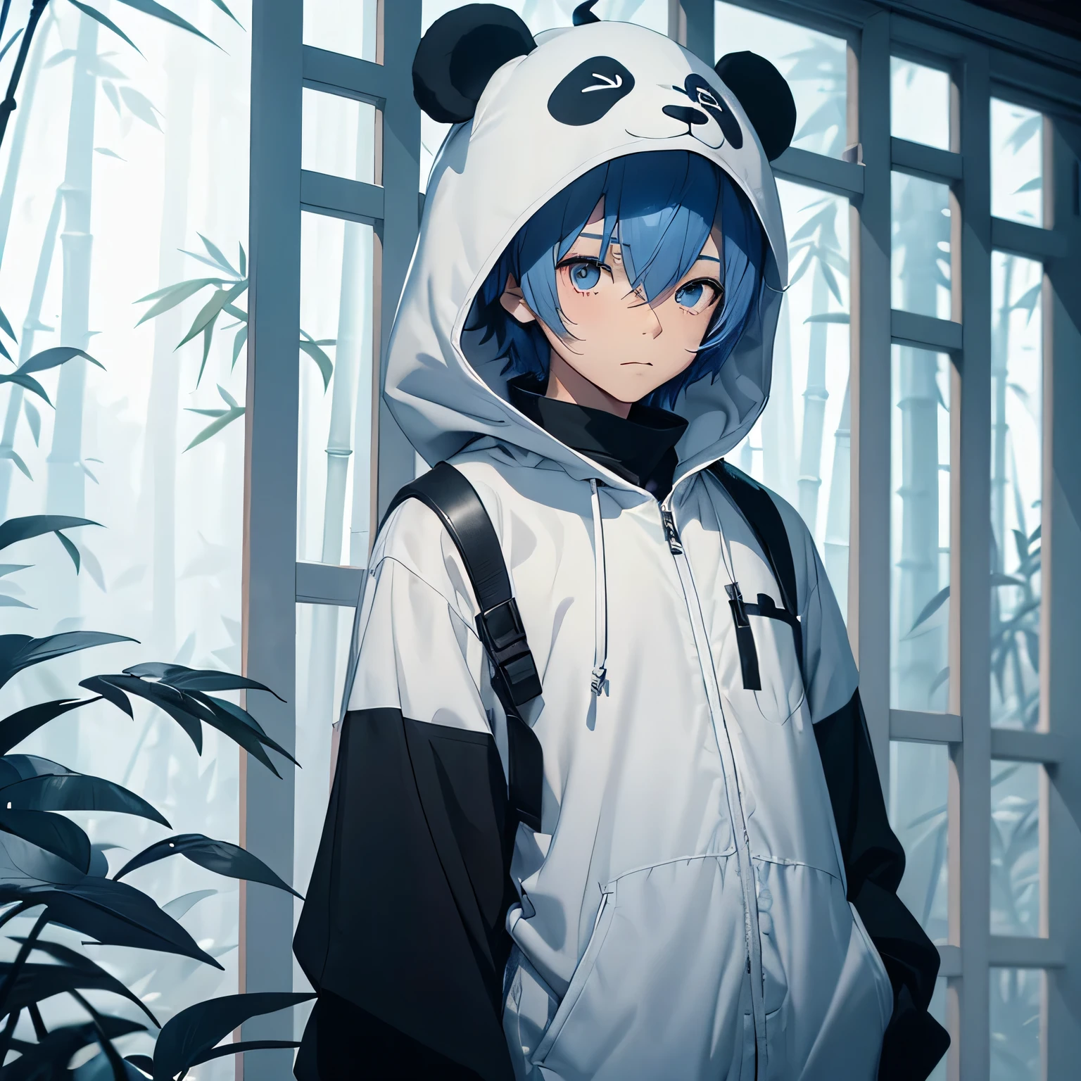 1 boy, about 20 years old, panda kigurumi with panda ear hood, looking down, positioned towards the right, facing left, ink wash painting, black and white, light blue hair, cool,bamboo in the background