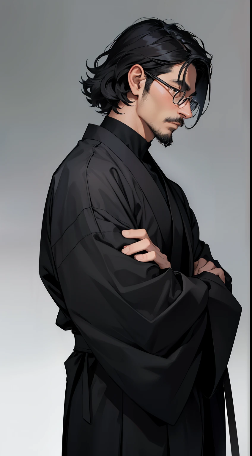A 42-year-old Japanese man with short, slightly curly hair, with a touch of gray mixed in. He has a light beard and mustache, and wears round glasses. His hair is naturally wavy and neat, giving him a mature yet relaxed appearance. His expression is thoughtful and calm, with a sharp jawline and high cheekbones softly illuminated by the lighting. He is dressed in a minimalist black outfit, and the background is deep black, allowing his features and glasses to stand out against the darkness. The overall look is sophisticated and modern, with an air of quiet contemplation.
