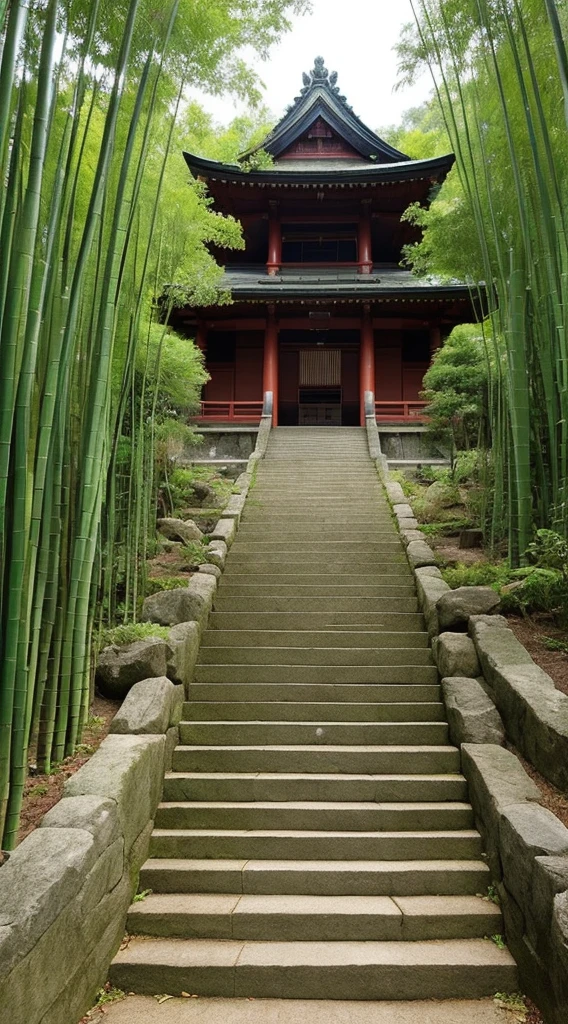 pure scenery、bamboo林、bamboo林に雨が降っていた、bamboo、bambooの葉があちこちに落ちている、A beautiful artistic concept、Cliff、green、The stairs are clearly visible、There is a Japanese temple on top of the stairs、midnight、bambooが光っている