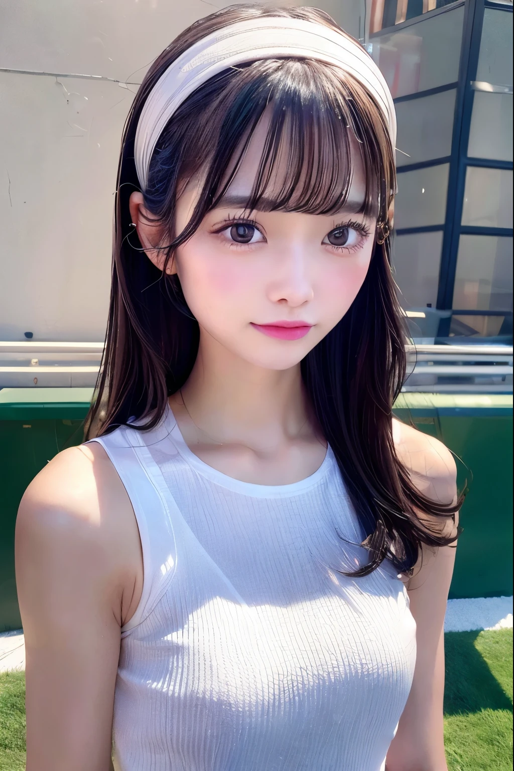 1 girl, describe in detail,she is on the tennis court, she has a tennis racket ,She is wearing a tennis wear and is very sexy, headband Lace with white ribbon, she is AYA MIYABI, 22 years old, Bishojo, looking at viewer, she is famous Japanese idol, kawaii, (mascara), eyeliner, almond eye, natural eyebrows, thin lips, Natural color lip, extremely detailed skin, fair skin, smile, cute, realistic face, slender face, beautiful skin, flat chest, clavicle, slender body, black straight hair, medium long hair, Forehead, delicate thighs, skinny legs, lean legs, Best quality, (8k, RAW photo, best quality, childish face, masterpiece:1.2), ultra-detailed, (realistic, photo realistic:1.37), high detail RAW color photo, an extremely delicate and beautiful, extremely detailed(Selfie:1.1), finely detail,