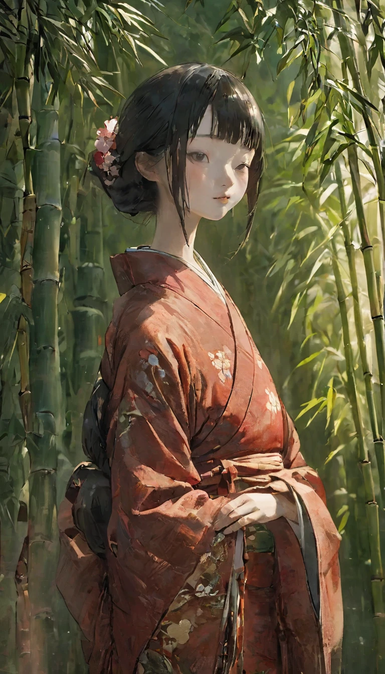 Highest quality, Tabletop, High resolution, Clay work、Dirty clay、Ceramics、beautiful wabi-sabi art、(((bamboo林に佇む一人の女性)、green豊かなbamboo林、美しいbamboo林))、Grey Eyes、Dark red kimono、((Dark red floral kimono)), (((bamboo林を歩く、Princess Kaguya)))、Tyndall effect, Realistic, Shadow Studio, red lighting, Dual Tone Lighting, (High resolutionスキン: 1.2) Digital SLR, photograph, High resolution, 4K, 8k,bamboo林、bamboo、green、 Background Blur,Beautiful fade out、